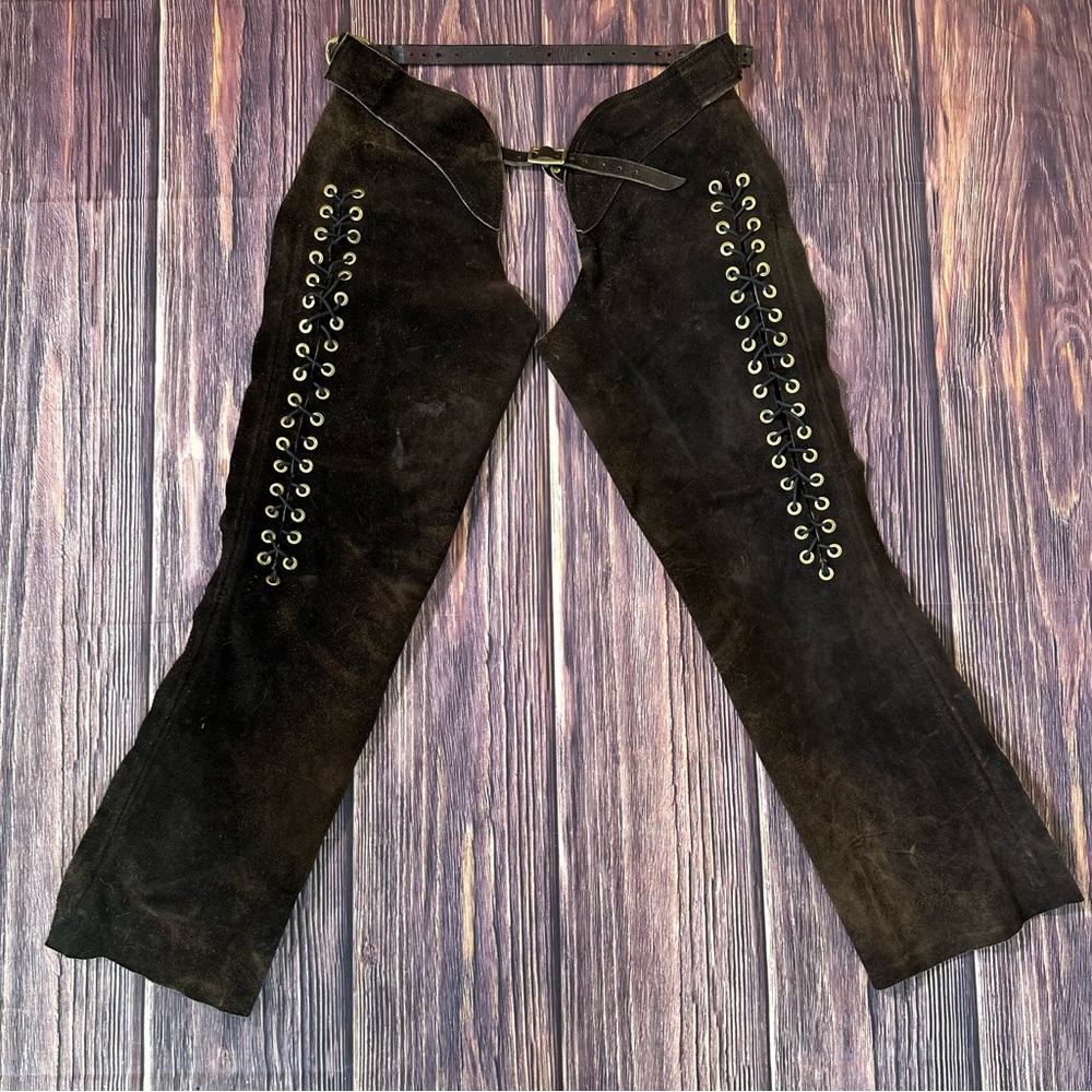 Vintage Chocolate Brown Suede Leather Lace Up Western Chaps w/ Brass Hardware